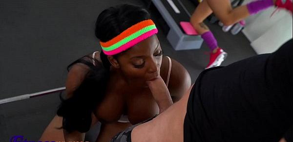  Fitness Rooms Ebony babe Jasmine Webb wild pussy stacking threesome with sexy Latina Jade Presley